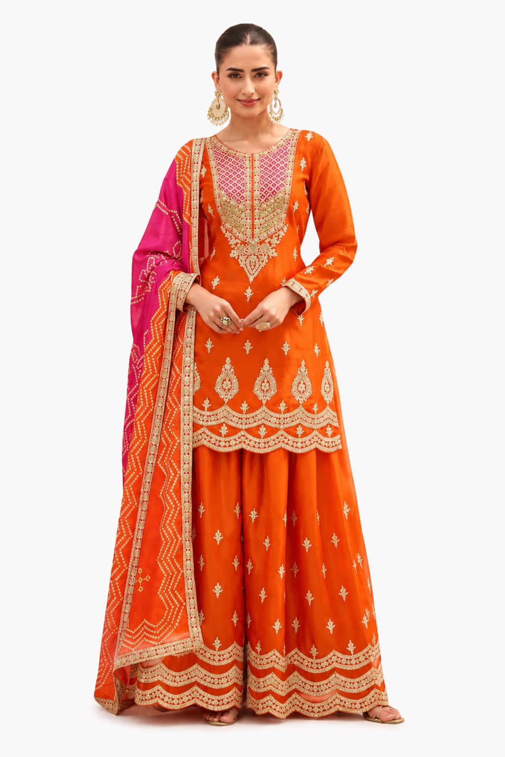 Bright Orange Chinon Embroidered Sharara Suit