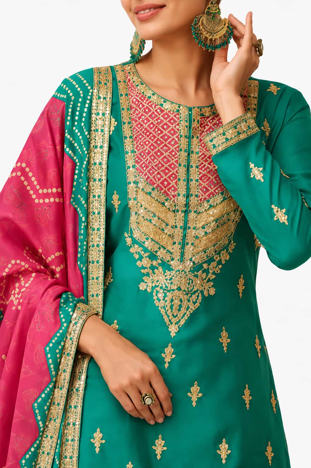 Teal Green Chinon Embroidered Sharara Suit