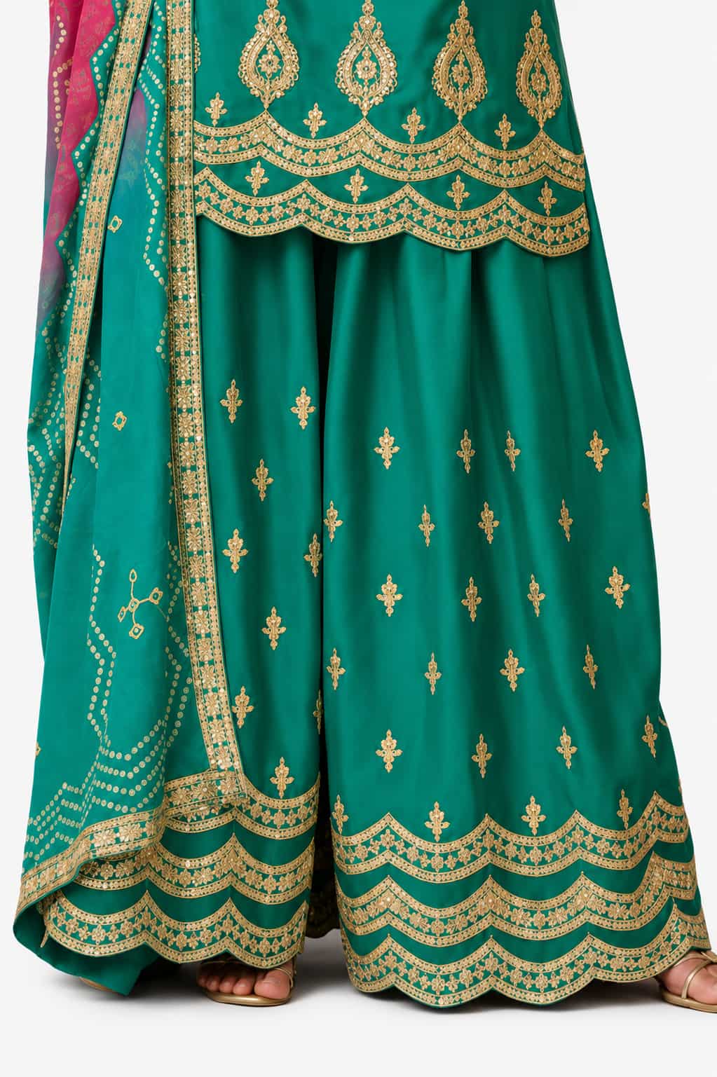 Teal Green Chinon Embroidered Sharara Suit