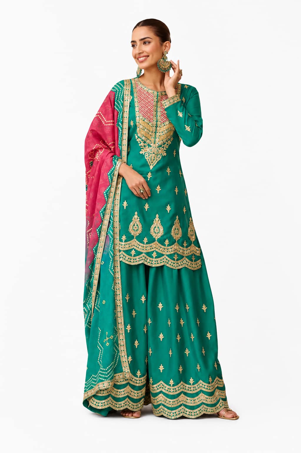 Teal Green Chinon Embroidered Sharara Suit