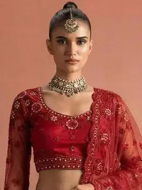Deep Red Butterfly Net Embroidered Semi-Stitched Girly Lehenga Choli - View 2