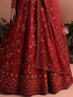 Deep Red Butterfly Net Embroidered Semi-Stitched Girly Lehenga Choli - View 3