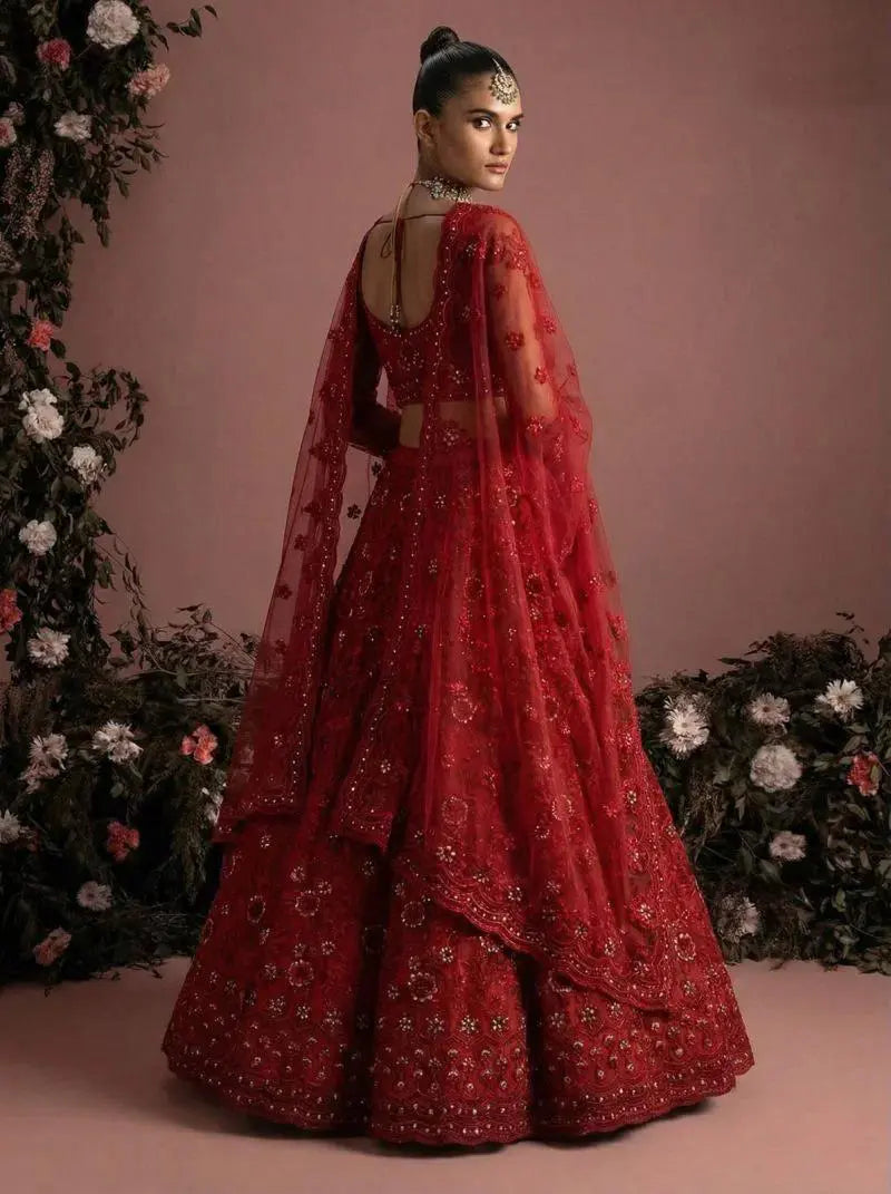 Deep Red Butterfly Net Embroidered Semi-Stitched Girly Lehenga Choli - View 4