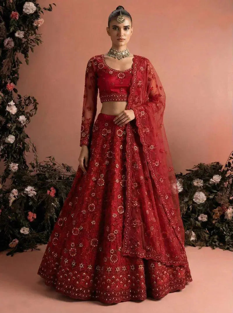 Deep Red Butterfly Net Embroidered Semi-Stitched Girly Lehenga Choli - Front View