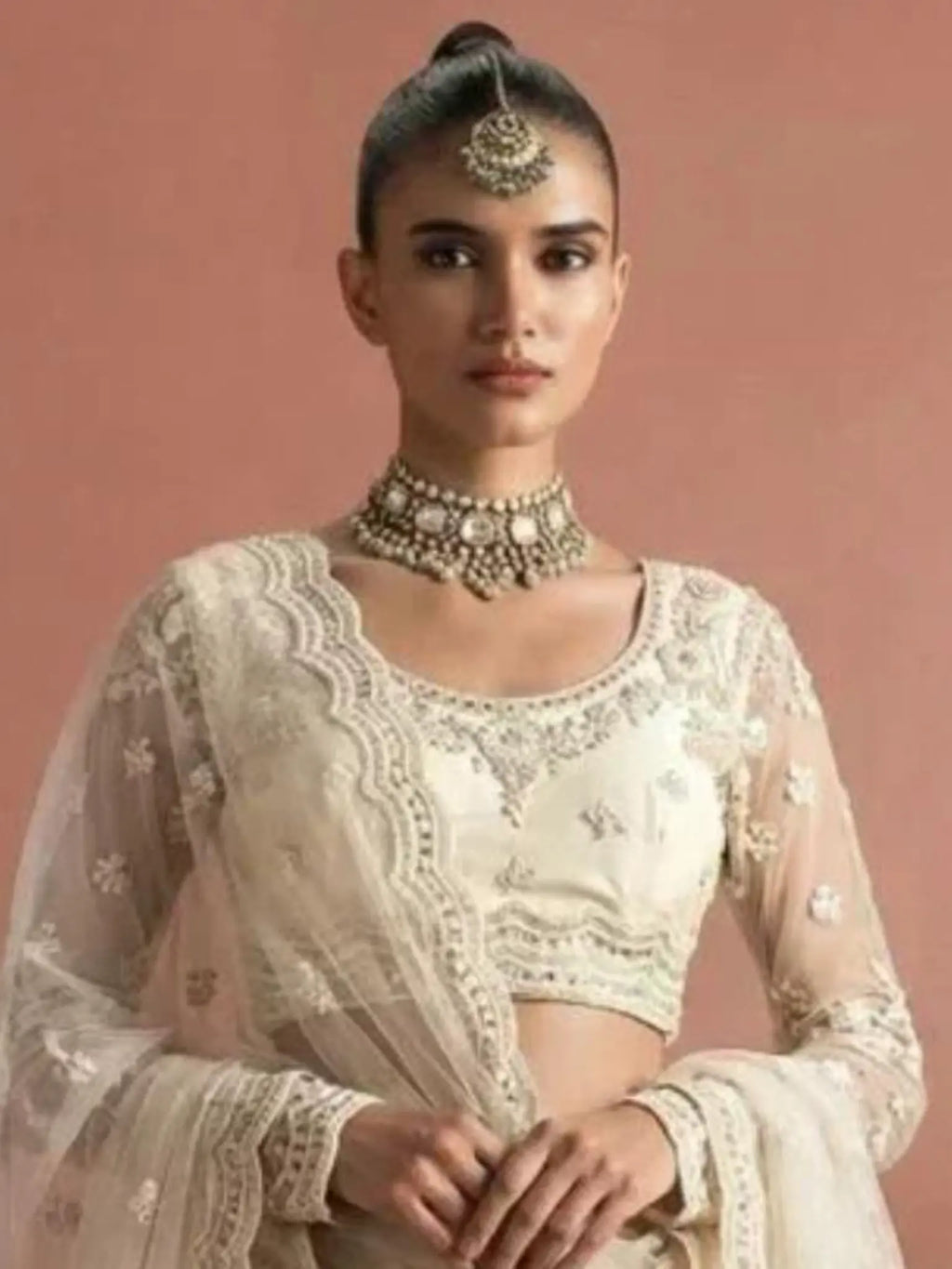 Off White Ivory Butterfly Net Embroidered Semi-Stitched Girly Lehenga Choli - View 2