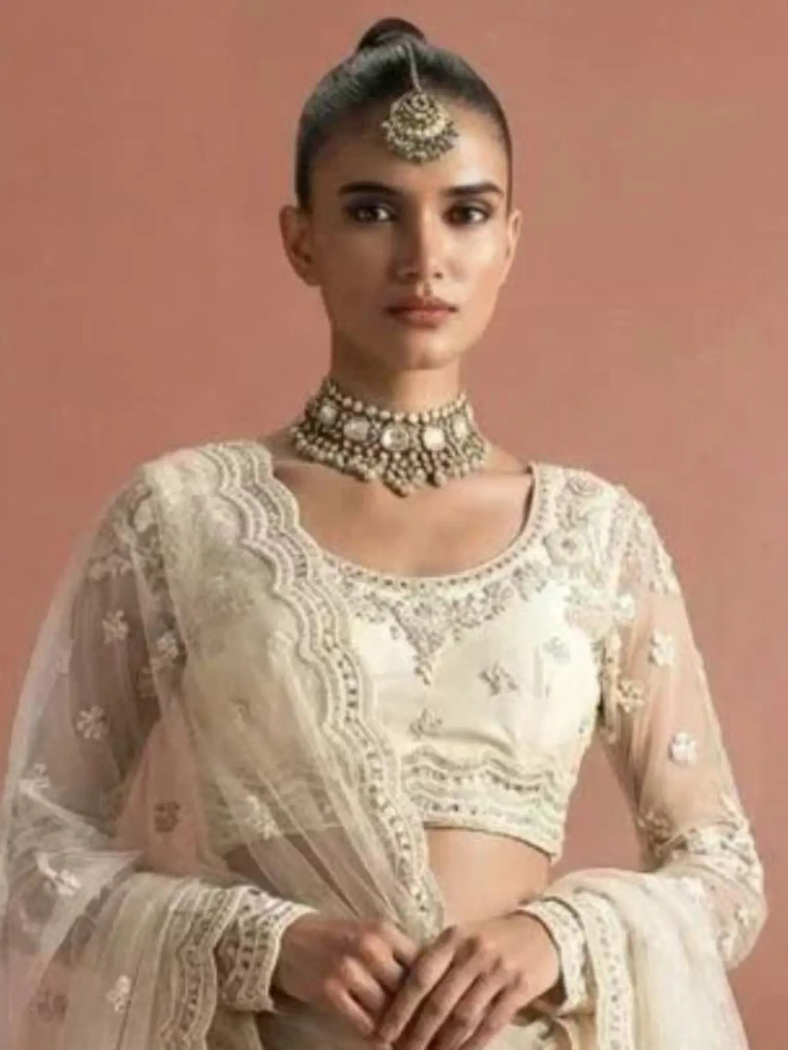 Off White Ivory Butterfly Net Embroidered Semi-Stitched Girly Lehenga Choli - View 2