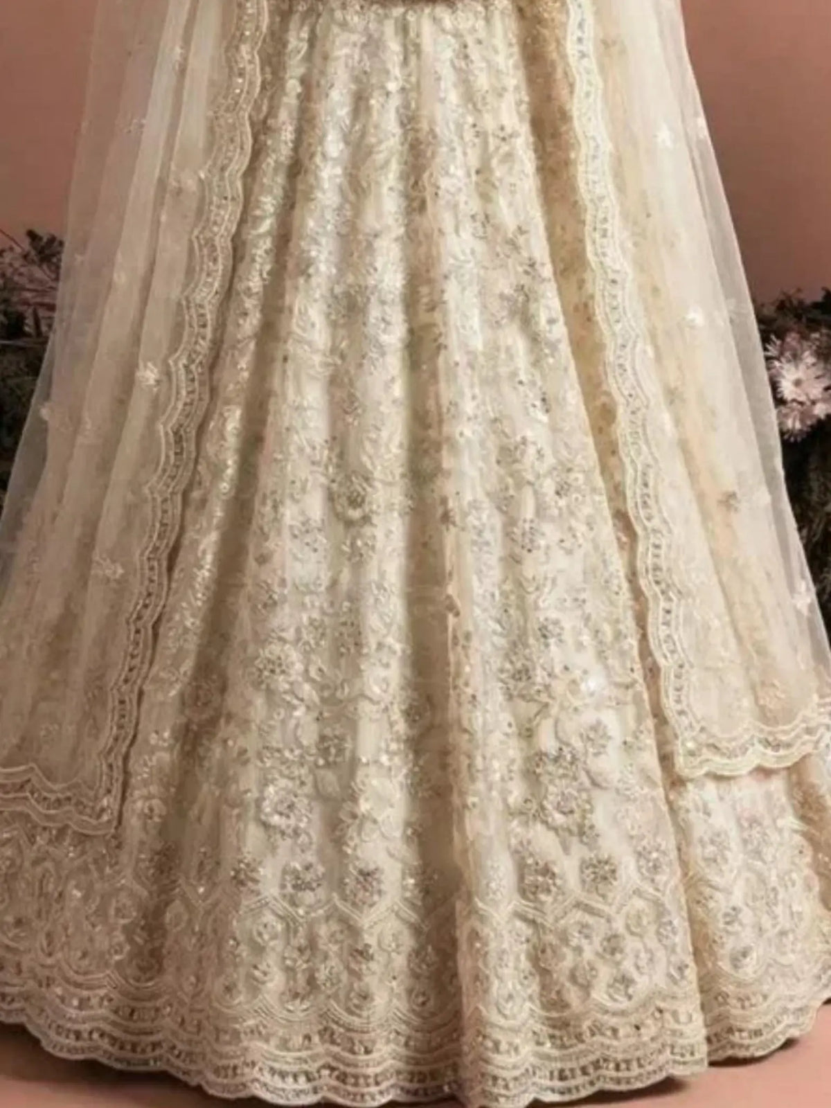 Off White Ivory Butterfly Net Embroidered Semi-Stitched Girly Lehenga Choli - View 3