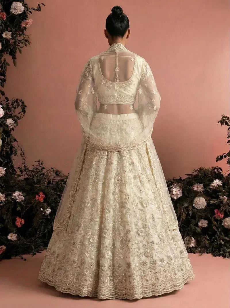 Off White Ivory Butterfly Net Embroidered Semi-Stitched Girly Lehenga Choli - View 5