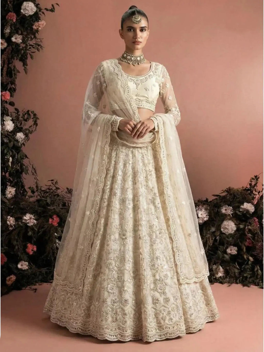 Off White Ivory Butterfly Net Embroidered Semi-Stitched Girly Lehenga Choli - Front View