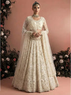 Off White Ivory Butterfly Net Embroidered Semi-Stitched Girly Lehenga Choli - Front View