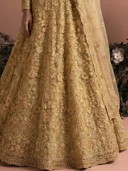 Beige Gold Butterfly Net Embroidered Semi-Stitched Girly Lehenga Choli - View 3
