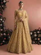 Beige Gold Butterfly Net Embroidered Semi-Stitched Girly Lehenga Choli - Front View