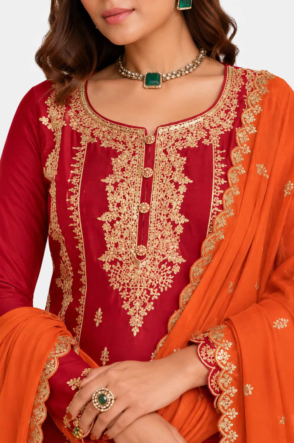 Deep Red & Orange Chinon Sharara Suit