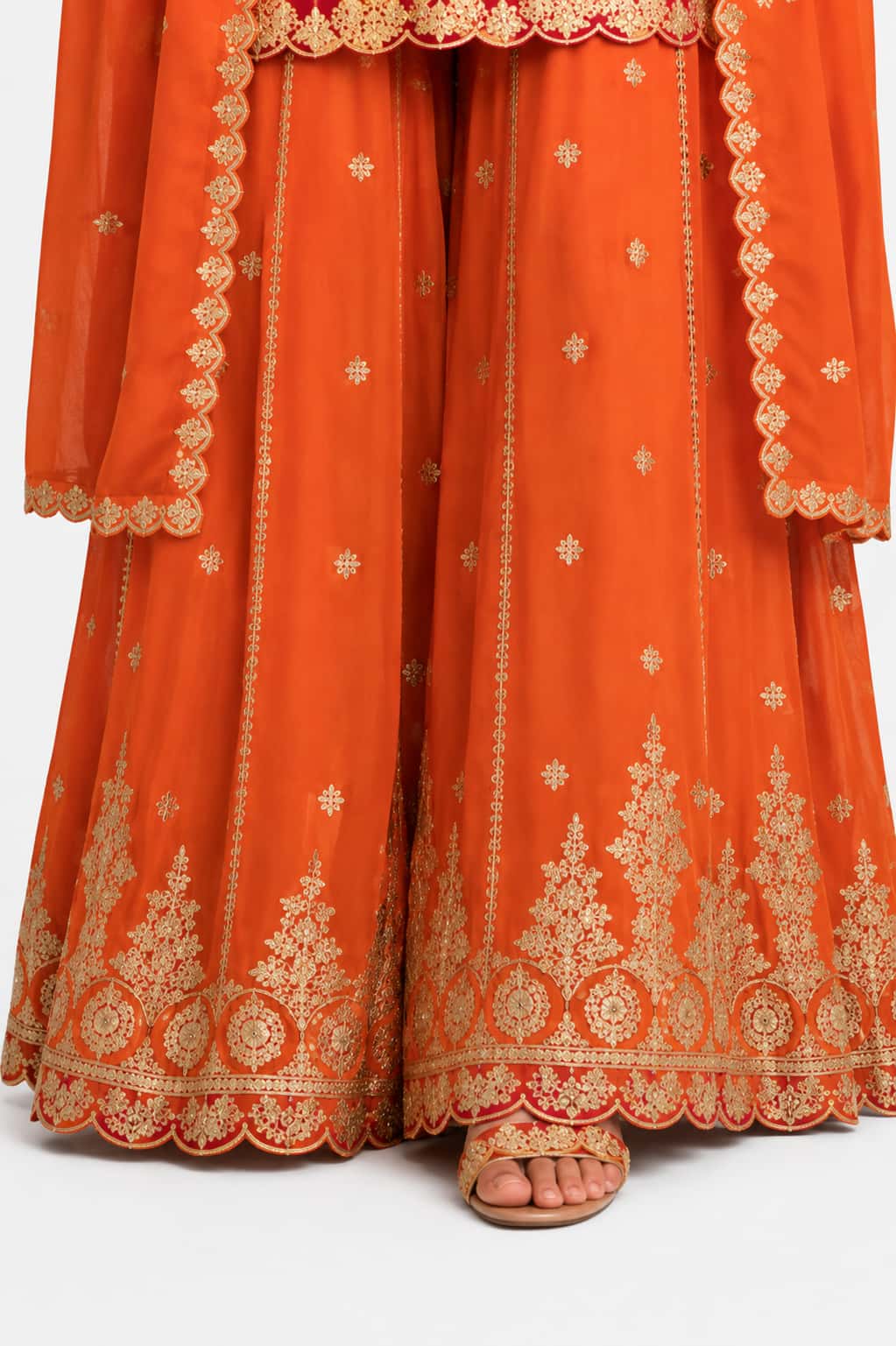 Deep Red & Orange Chinon Sharara Suit
