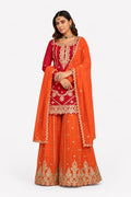 Deep Red & Orange Chinon Sharara Suit