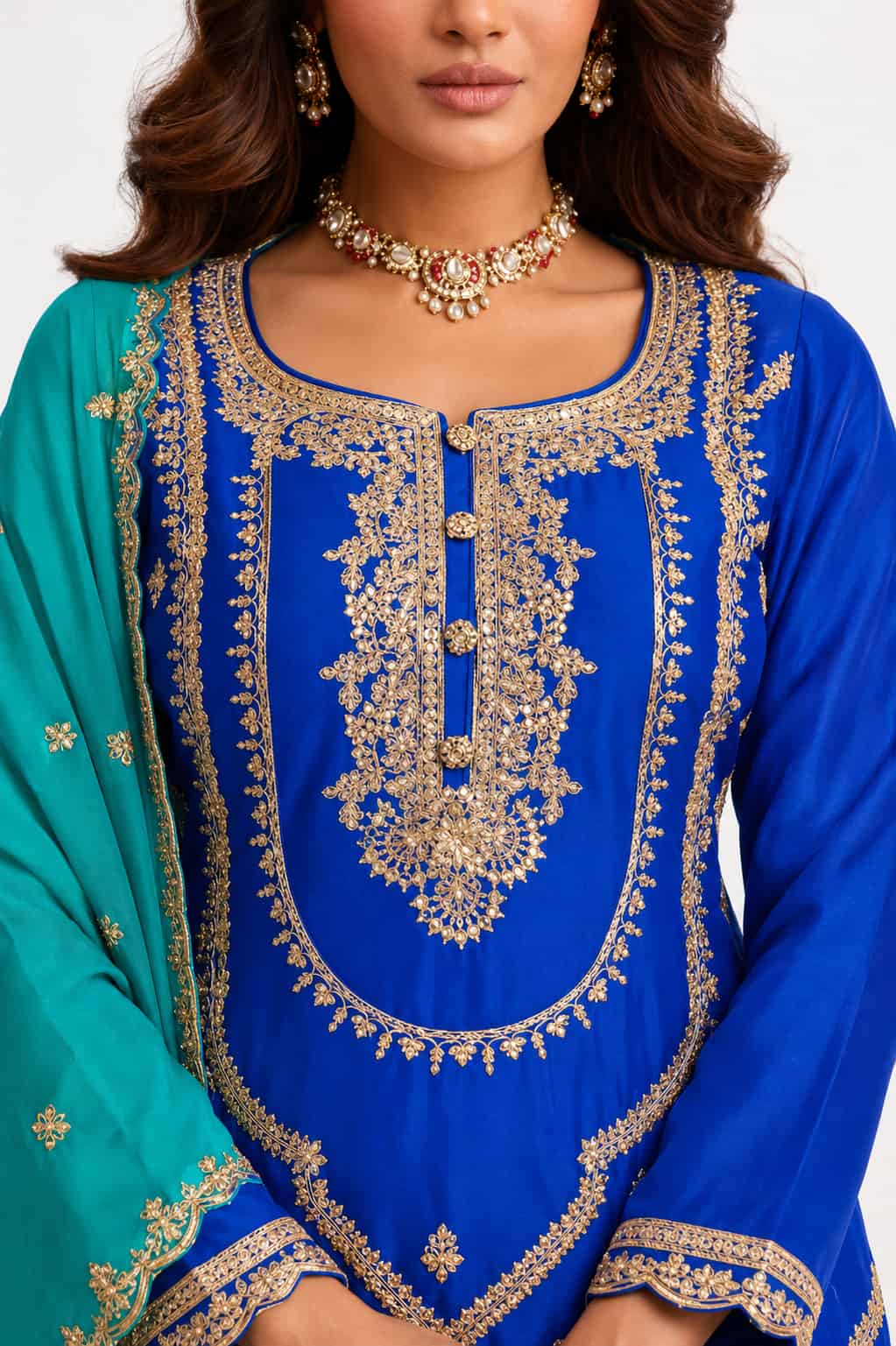 Royal Blue & Teal Chinon Sharara Suit
