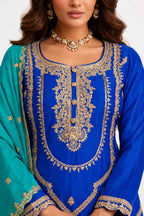 Royal Blue & Teal Chinon Sharara Suit