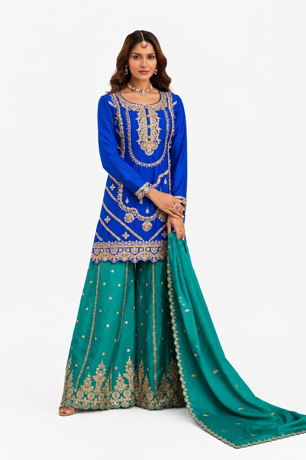 Royal Blue & Teal Chinon Sharara Suit