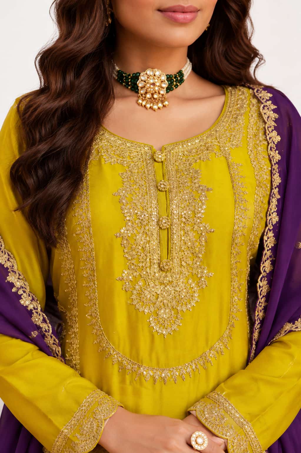Mustard & Purple Chinon Embroidered Sharara Suit
