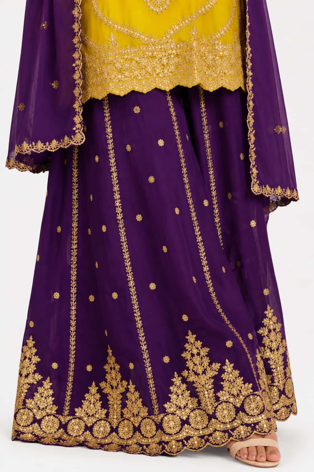 Mustard & Purple Chinon Embroidered Sharara Suit