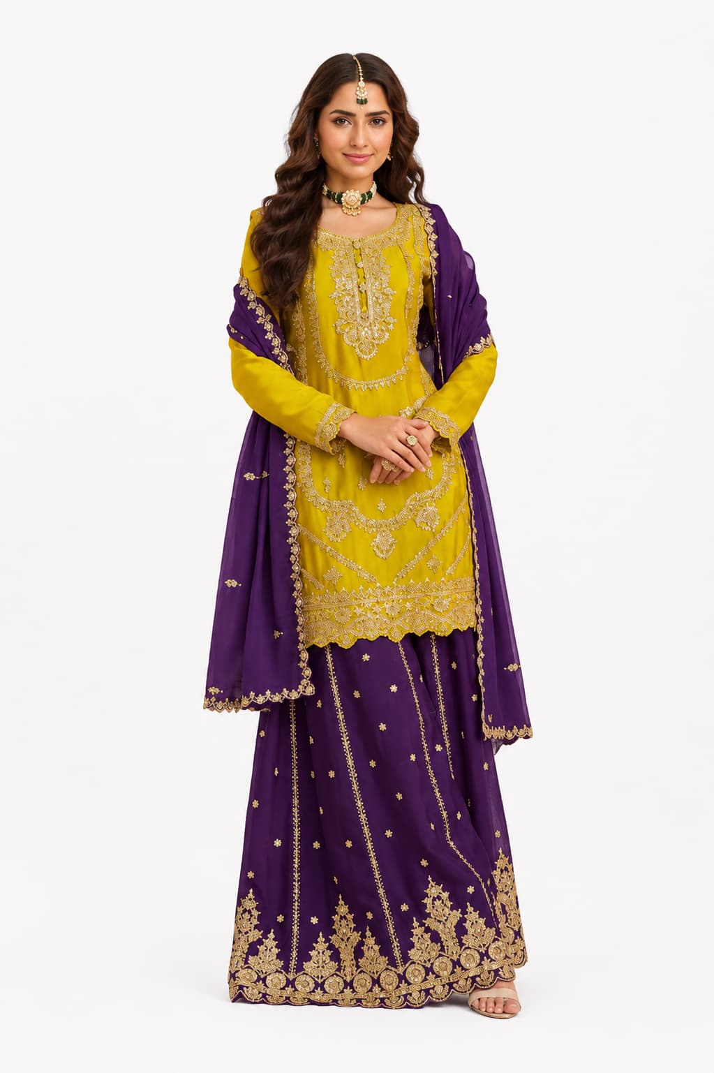 Mustard & Purple Chinon Embroidered Sharara Suit