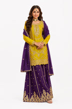 Mustard & Purple Chinon Embroidered Sharara Suit