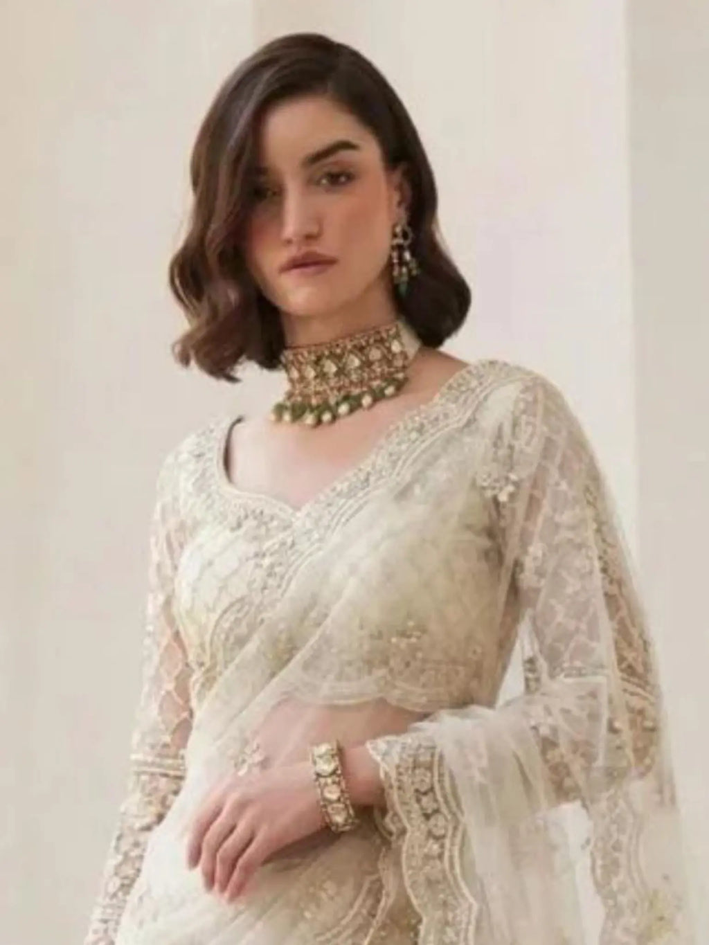Ivory Pearl Butterfly Net Embroidered Semi-Stitched Girly Lehenga Choli - View 2