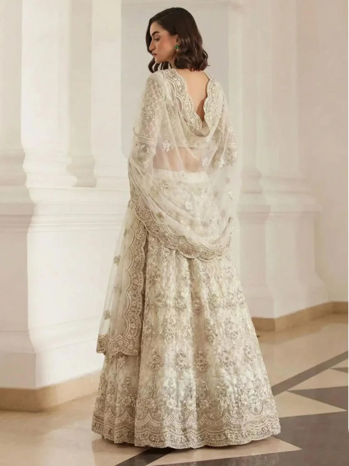 Ivory Pearl Butterfly Net Embroidered Semi-Stitched Girly Lehenga Choli - View 4