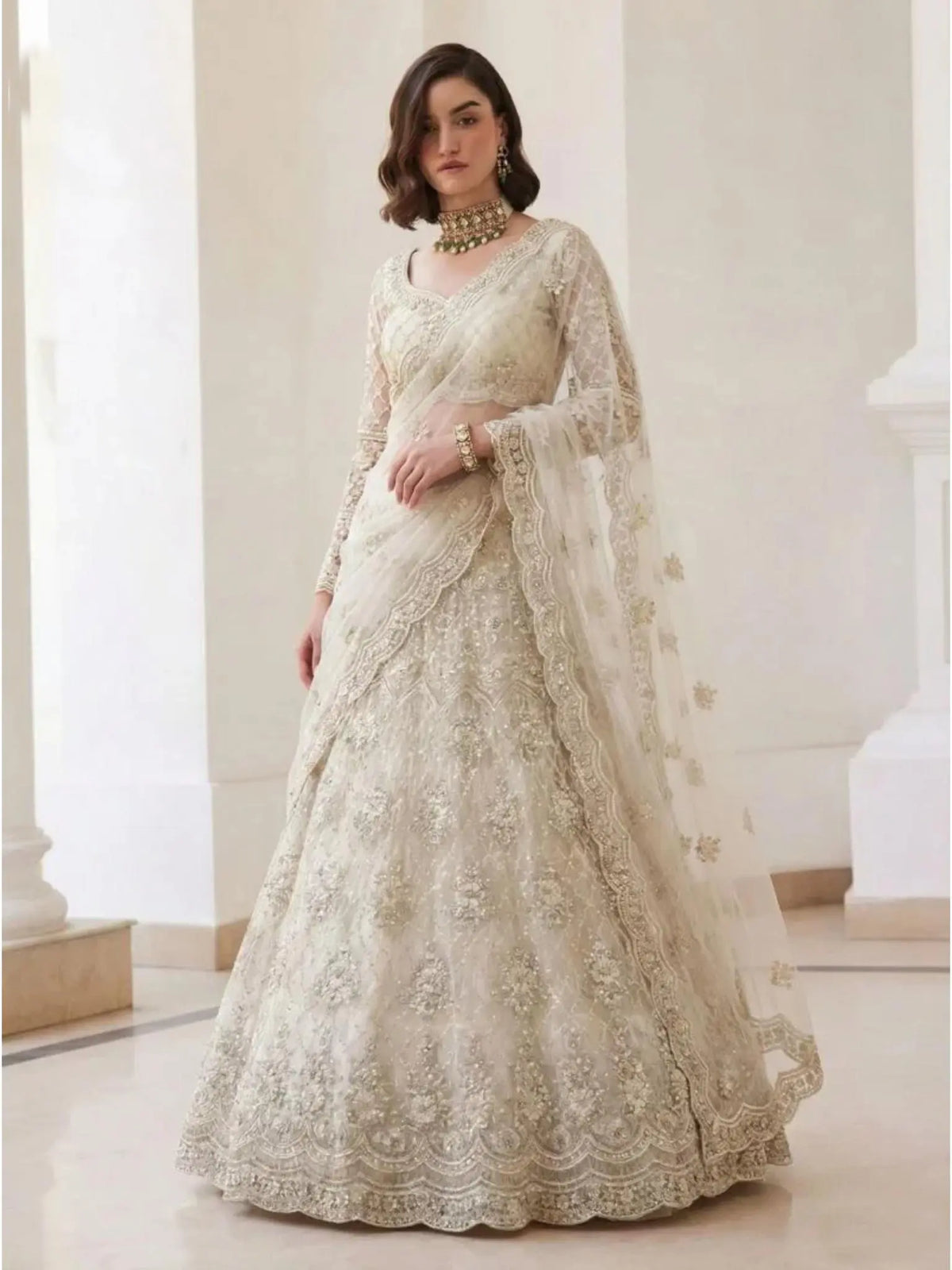 Ivory Pearl Butterfly Net Embroidered Semi-Stitched Girly Lehenga Choli - Front View