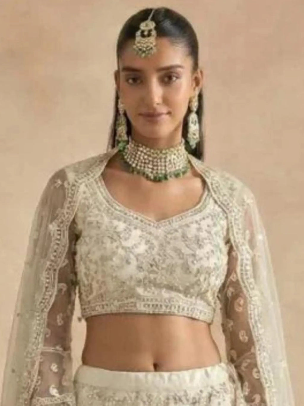 Cream Champagne Butterfly Net Embroidered Semi-Stitched Girly Lehenga Choli - View 2