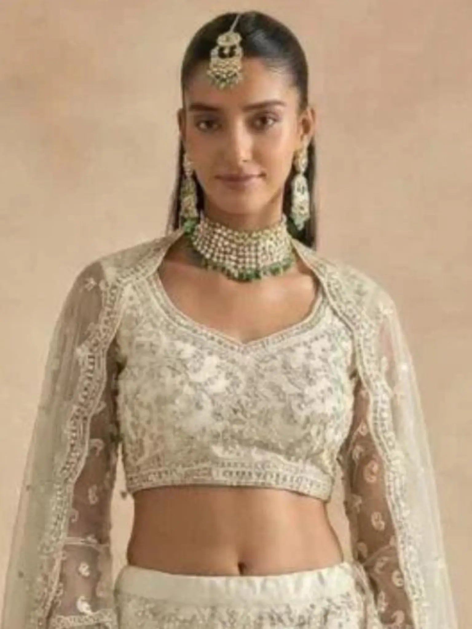 Cream Champagne Butterfly Net Embroidered Semi-Stitched Girly Lehenga Choli - View 2