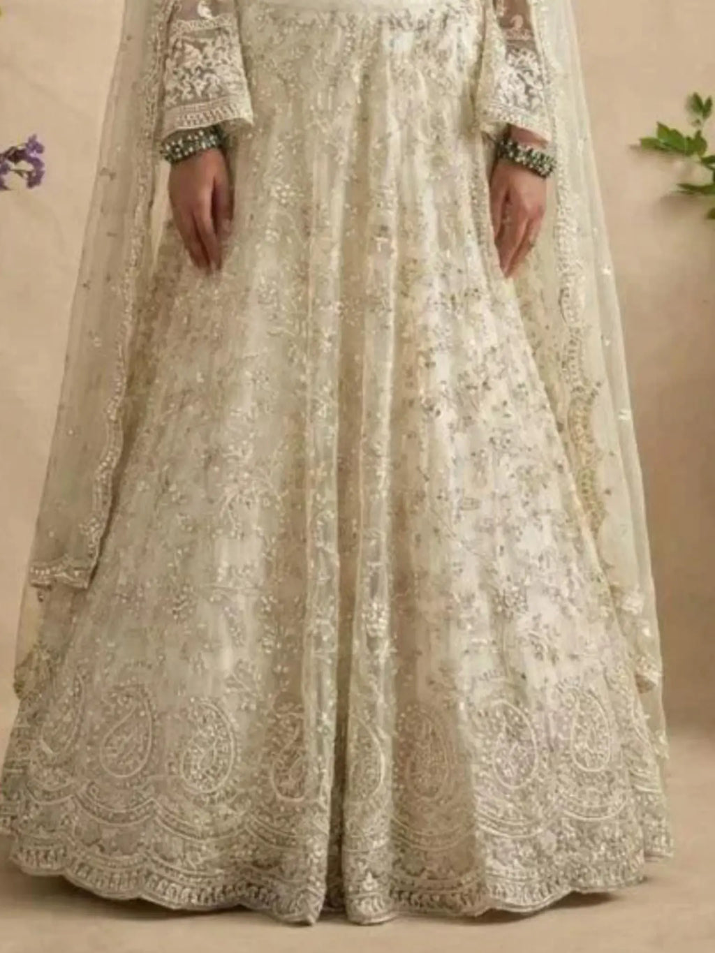 Cream Champagne Butterfly Net Embroidered Semi-Stitched Girly Lehenga Choli - View 3