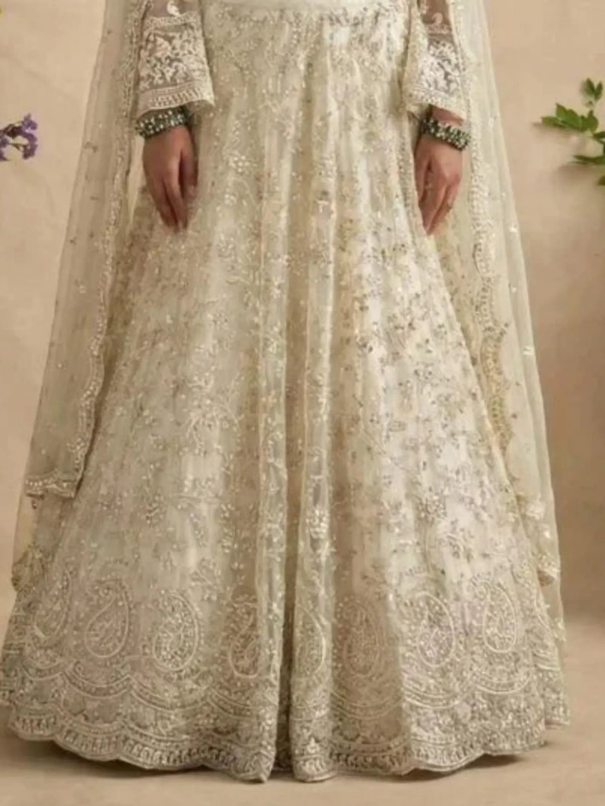 Cream Champagne Butterfly Net Embroidered Semi-Stitched Girly Lehenga Choli - View 3