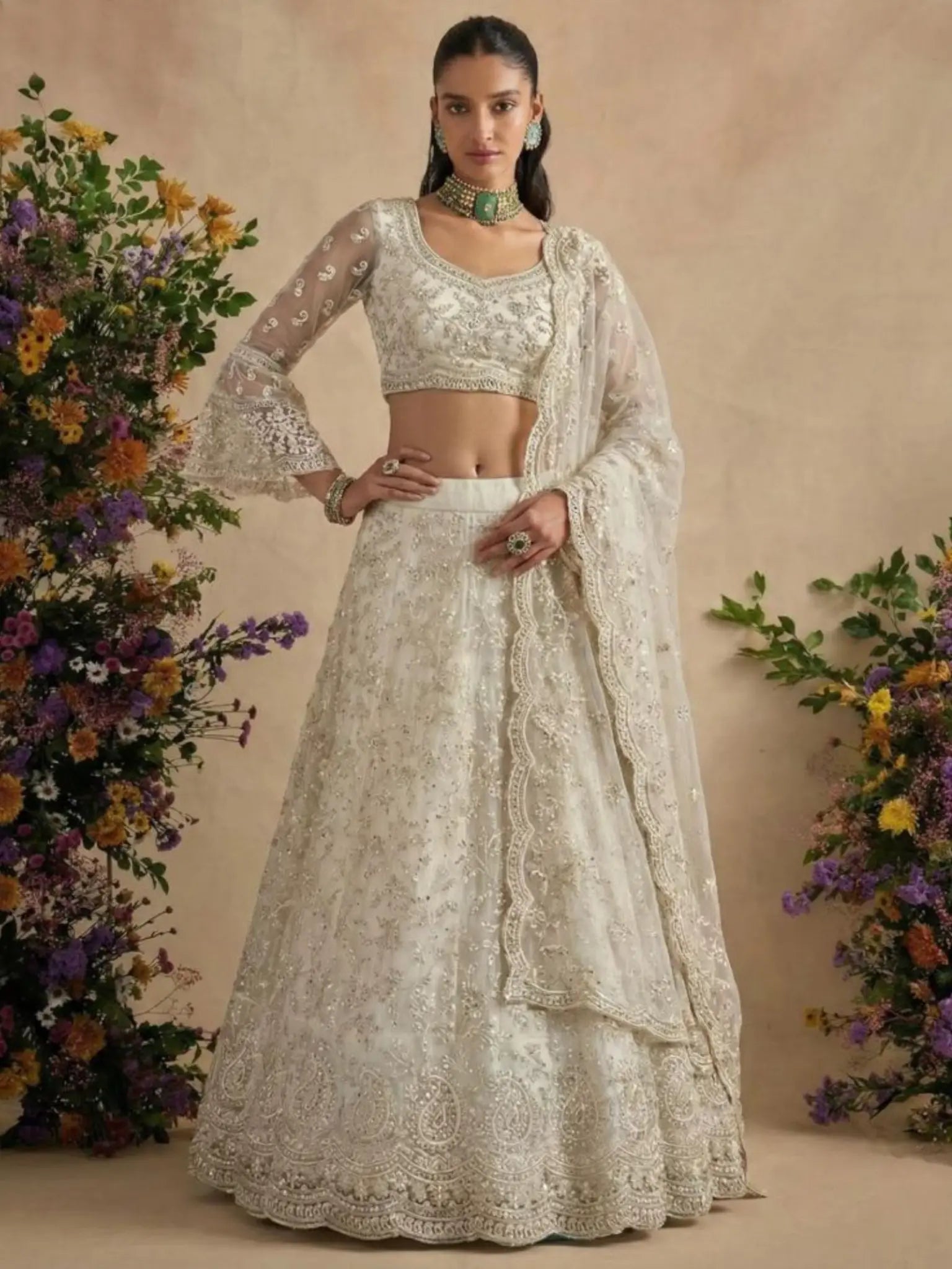 Cream Champagne Butterfly Net Embroidered Semi-Stitched Girly Lehenga Choli - View 4