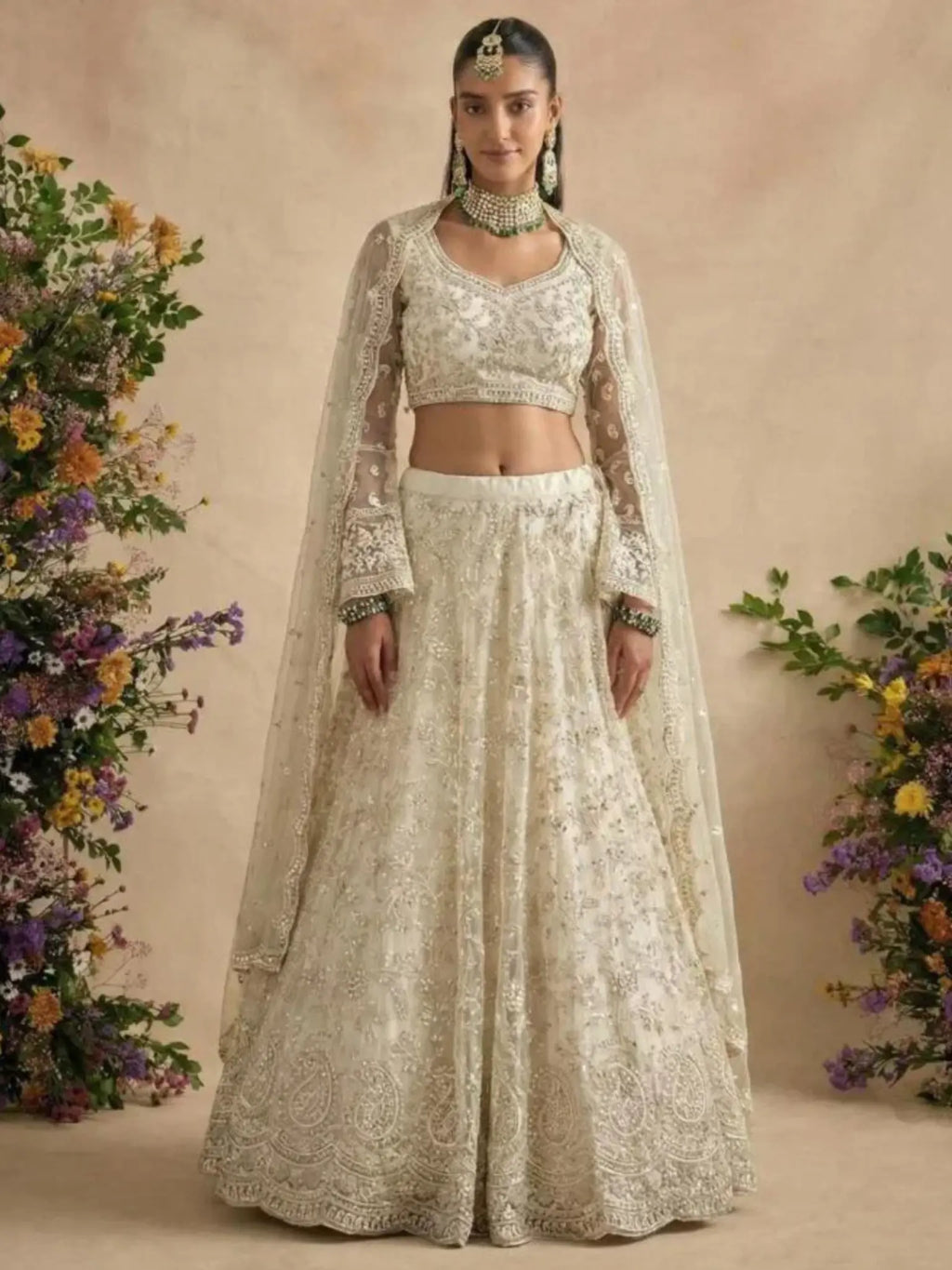 Cream Champagne Butterfly Net Embroidered Semi-Stitched Girly Lehenga Choli - Front View