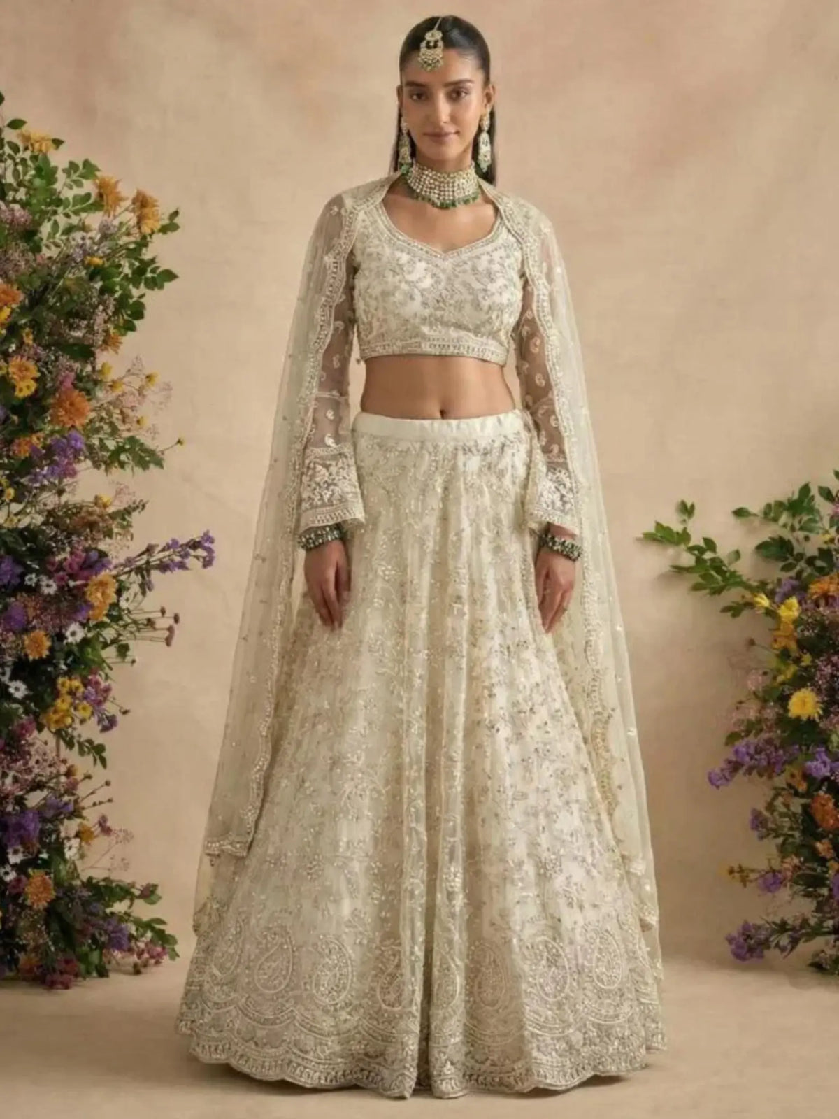 Cream Champagne Butterfly Net Embroidered Semi-Stitched Girly Lehenga Choli - Front View