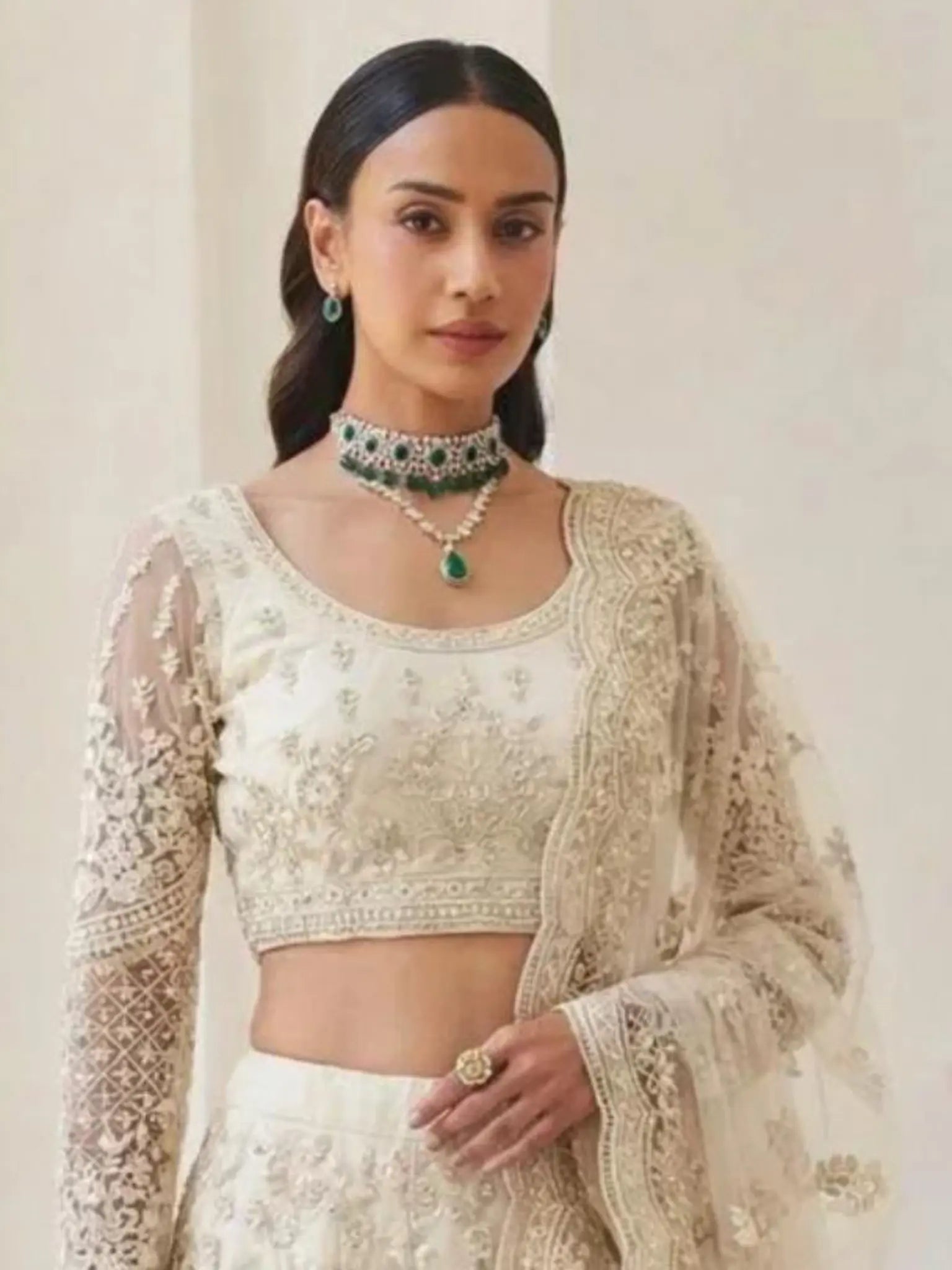 Warm Ivory Butterfly Net Embroidered Semi-Stitched Girly Lehenga Choli - View 2
