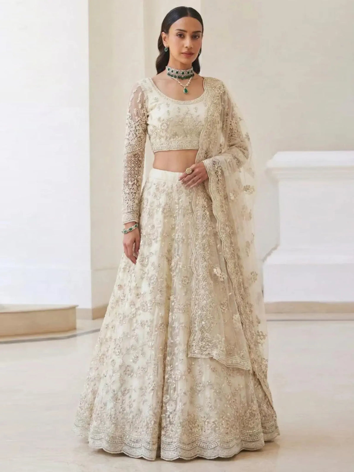 Warm Ivory Butterfly Net Embroidered Semi-Stitched Girly Lehenga Choli - Front View