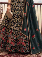 Black Floral Embroidered Net Semi-Stitched Girly Lehenga Choli - View 3