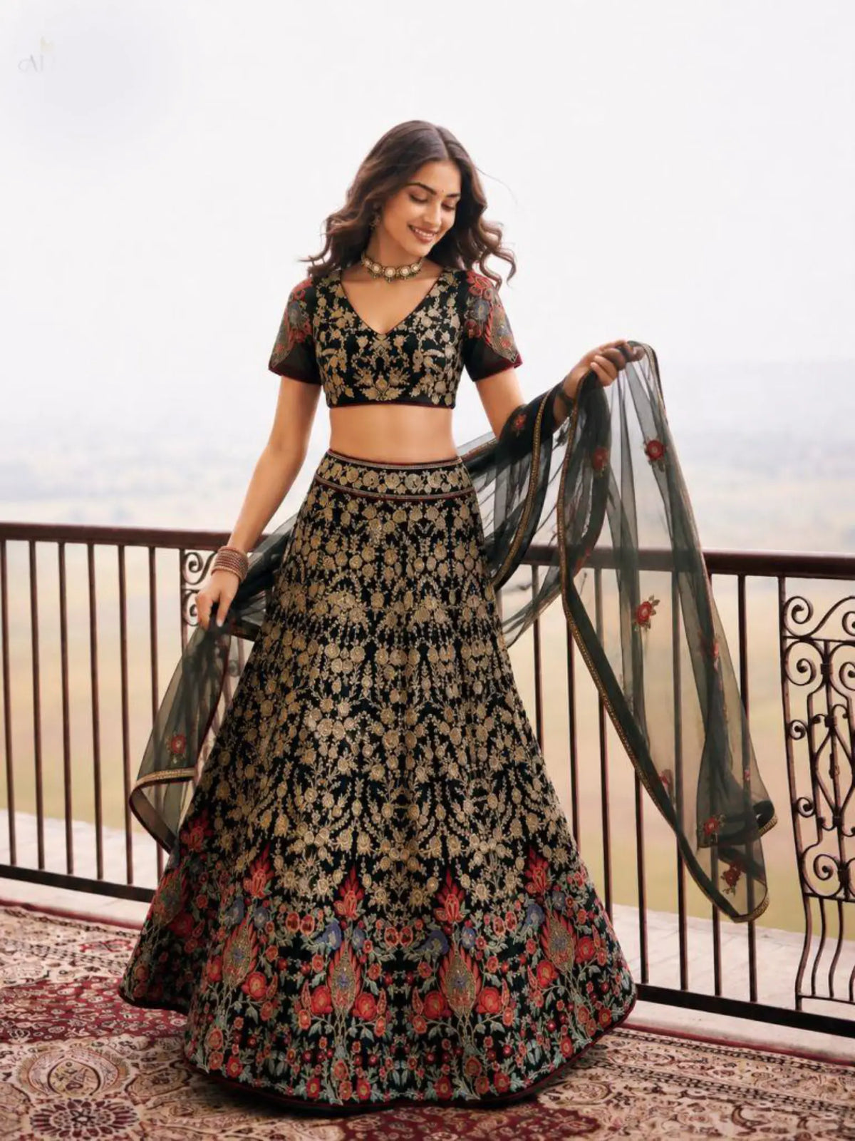 Black Floral Embroidered Net Semi-Stitched Girly Lehenga Choli - View 4