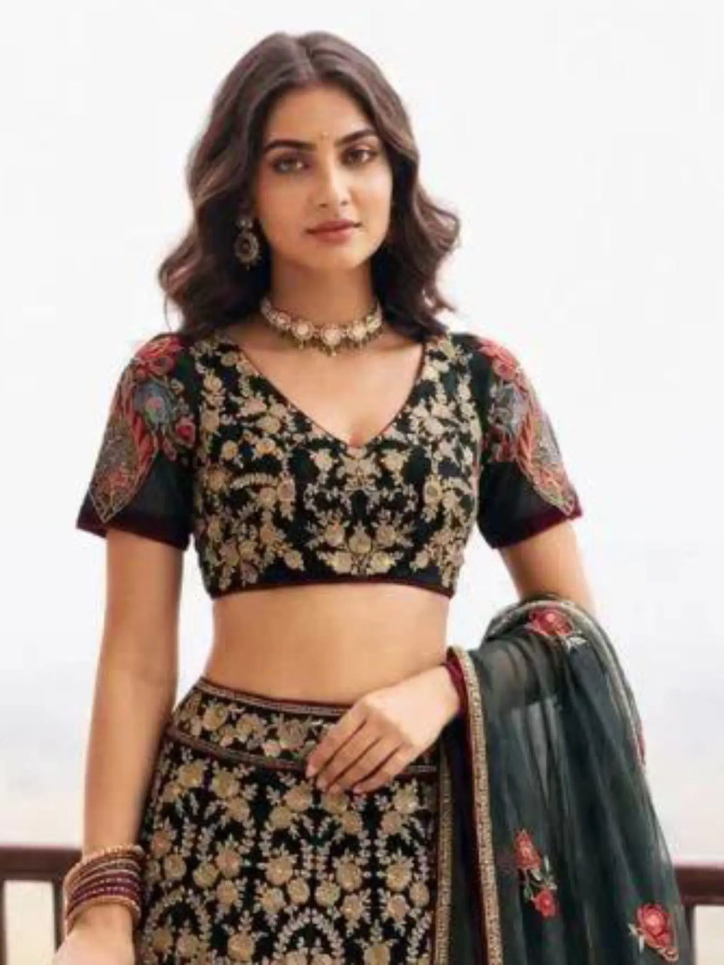 Black Floral Embroidered Net Semi-Stitched Girly Lehenga Choli - View 2