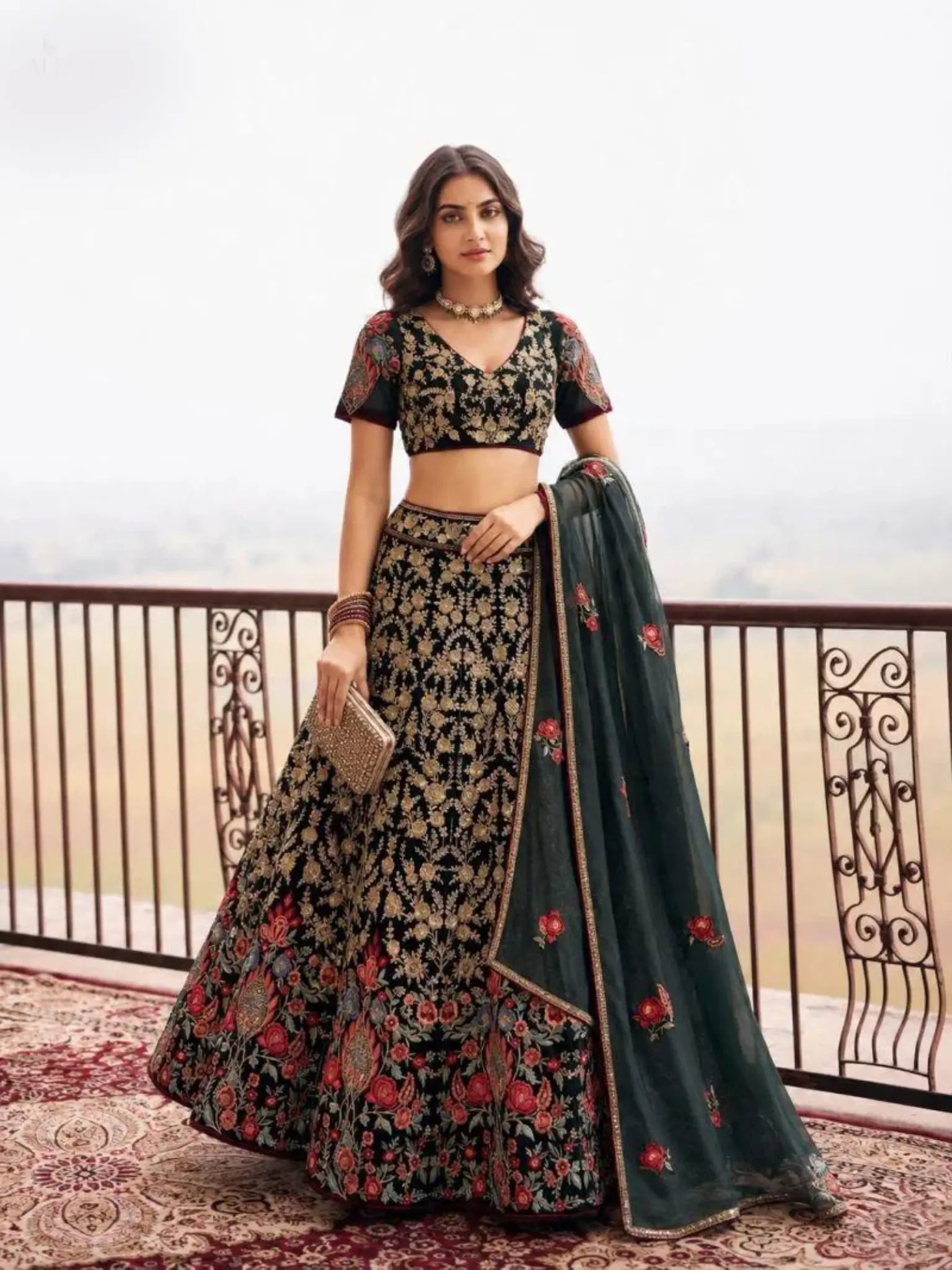 Black Floral Embroidered Net Semi-Stitched Girly Lehenga Choli - Front View