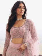 Dusty Pink Embroidered Net Semi-Stitched Girly Lehenga Choli - View 2