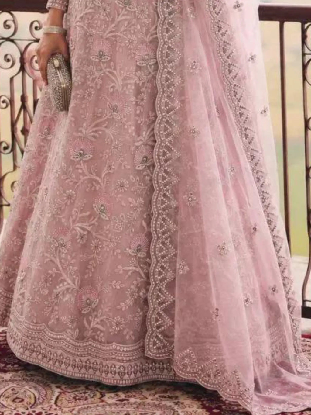 Dusty Pink Embroidered Net Semi-Stitched Girly Lehenga Choli - View 3