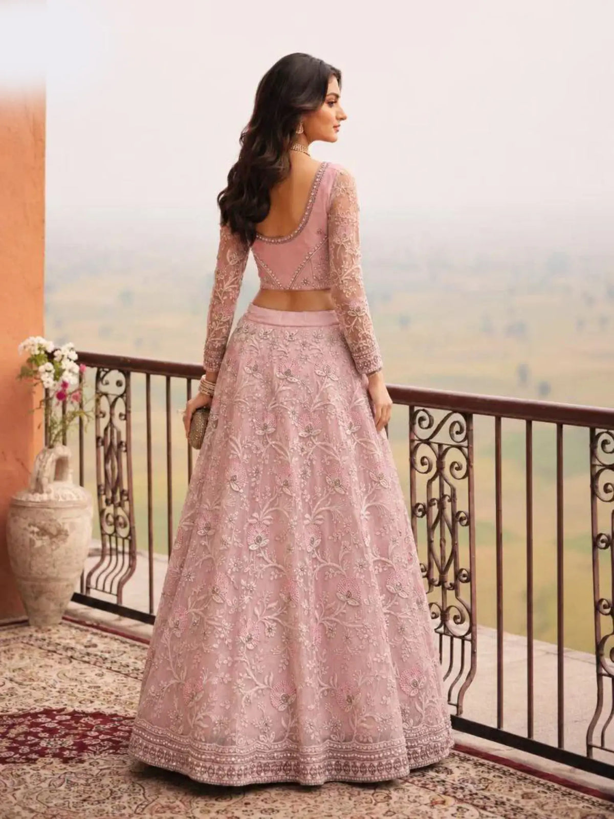 Dusty Pink Embroidered Net Semi-Stitched Girly Lehenga Choli - View 4