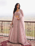 Dusty Pink Embroidered Net Semi-Stitched Girly Lehenga Choli - Front View