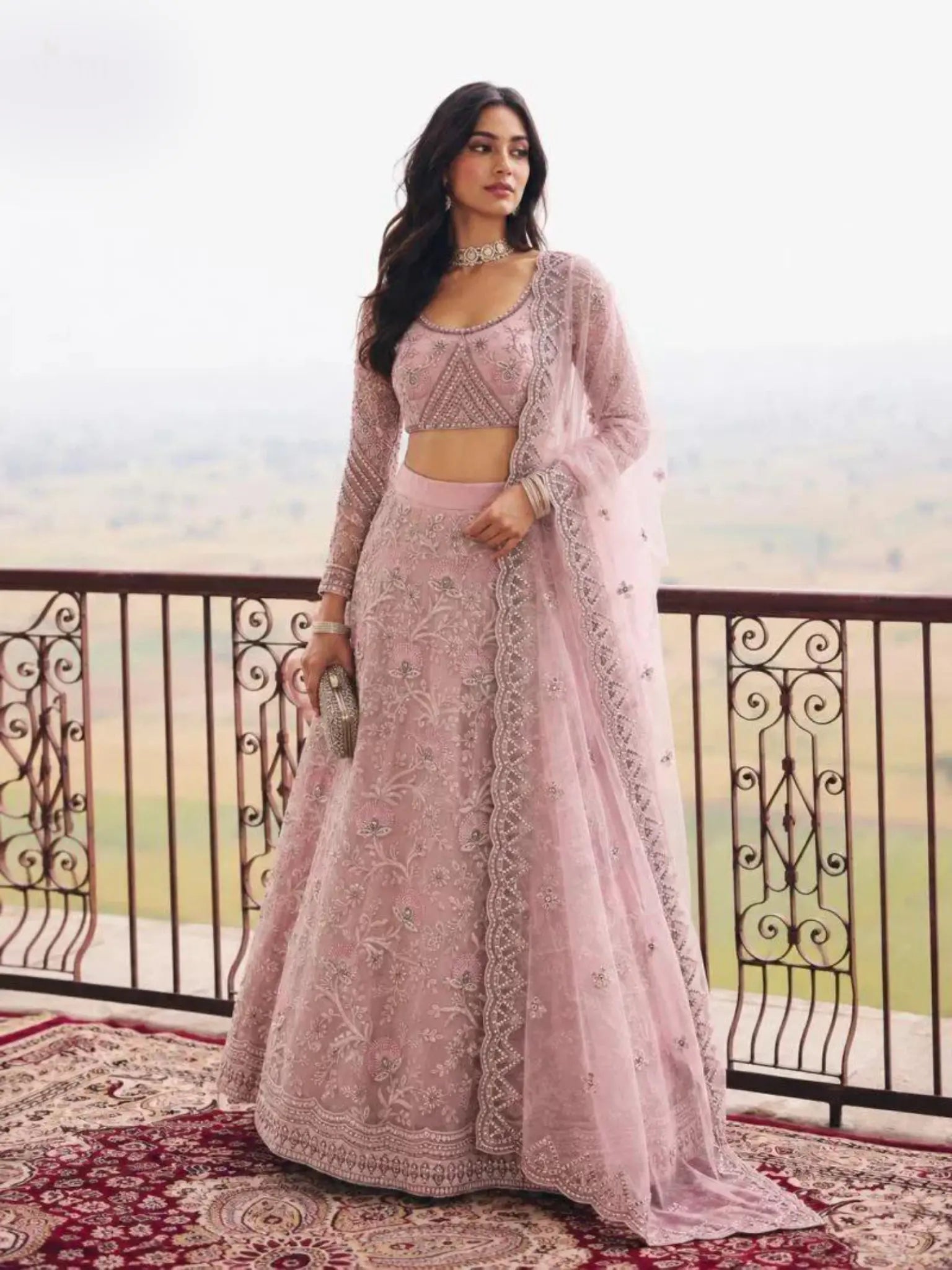 Dusty Pink Embroidered Net Semi-Stitched Girly Lehenga Choli - Front View