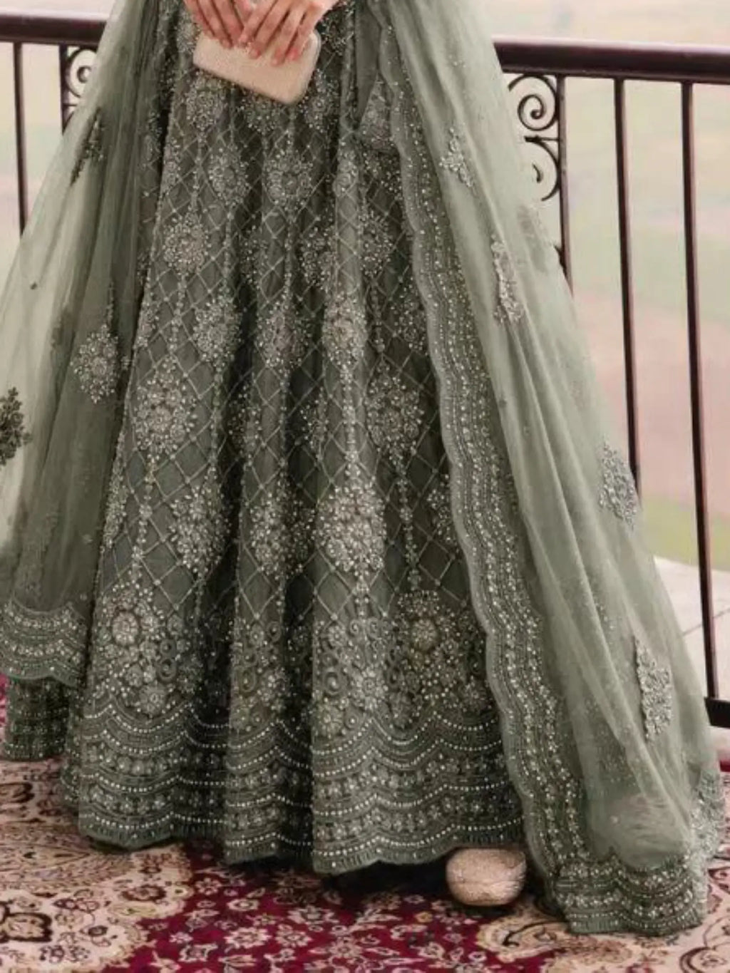 Sage Green Lattice Embroidered Net Semi-Stitched Girly Lehenga Choli - View 3