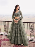 Sage Green Lattice Embroidered Net Semi-Stitched Girly Lehenga Choli