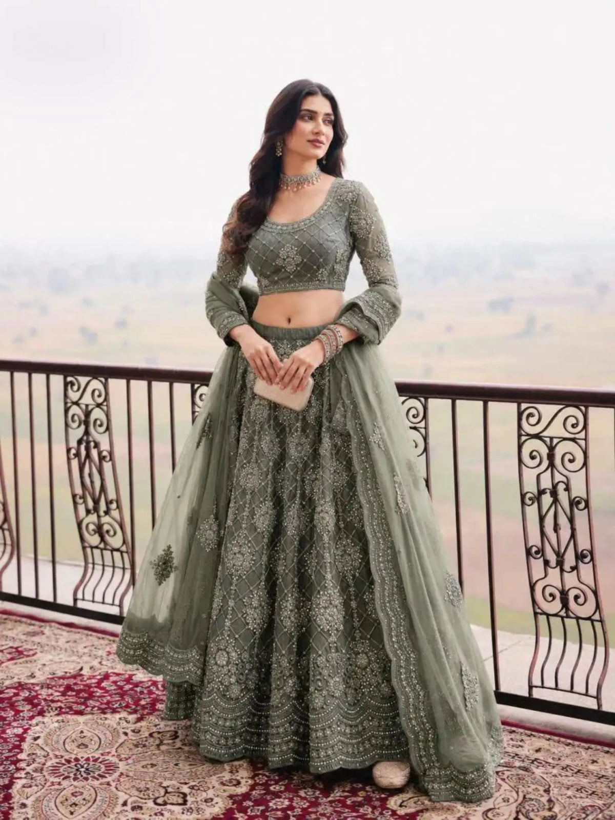 Sage Green Lattice Embroidered Net Semi-Stitched Girly Lehenga Choli - Front View